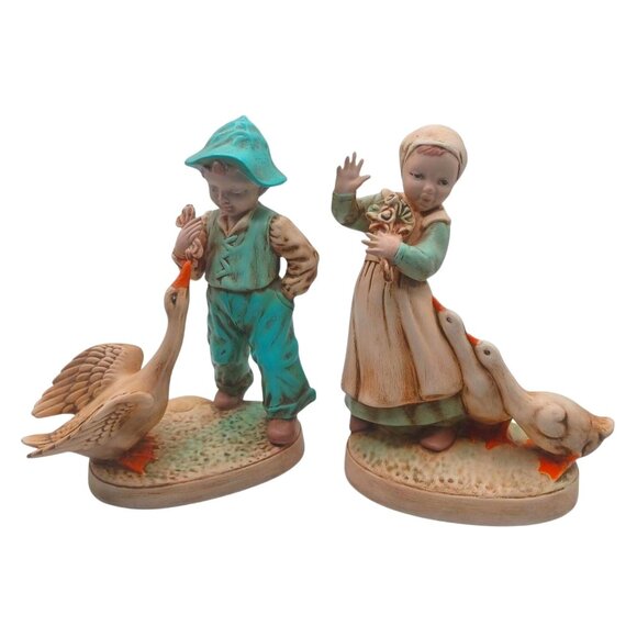 Vintage 1950 Holland Mold Dutch Boy & Girl With Geese Ceramic Figurines Set Of 2 - Picture 3 of 14